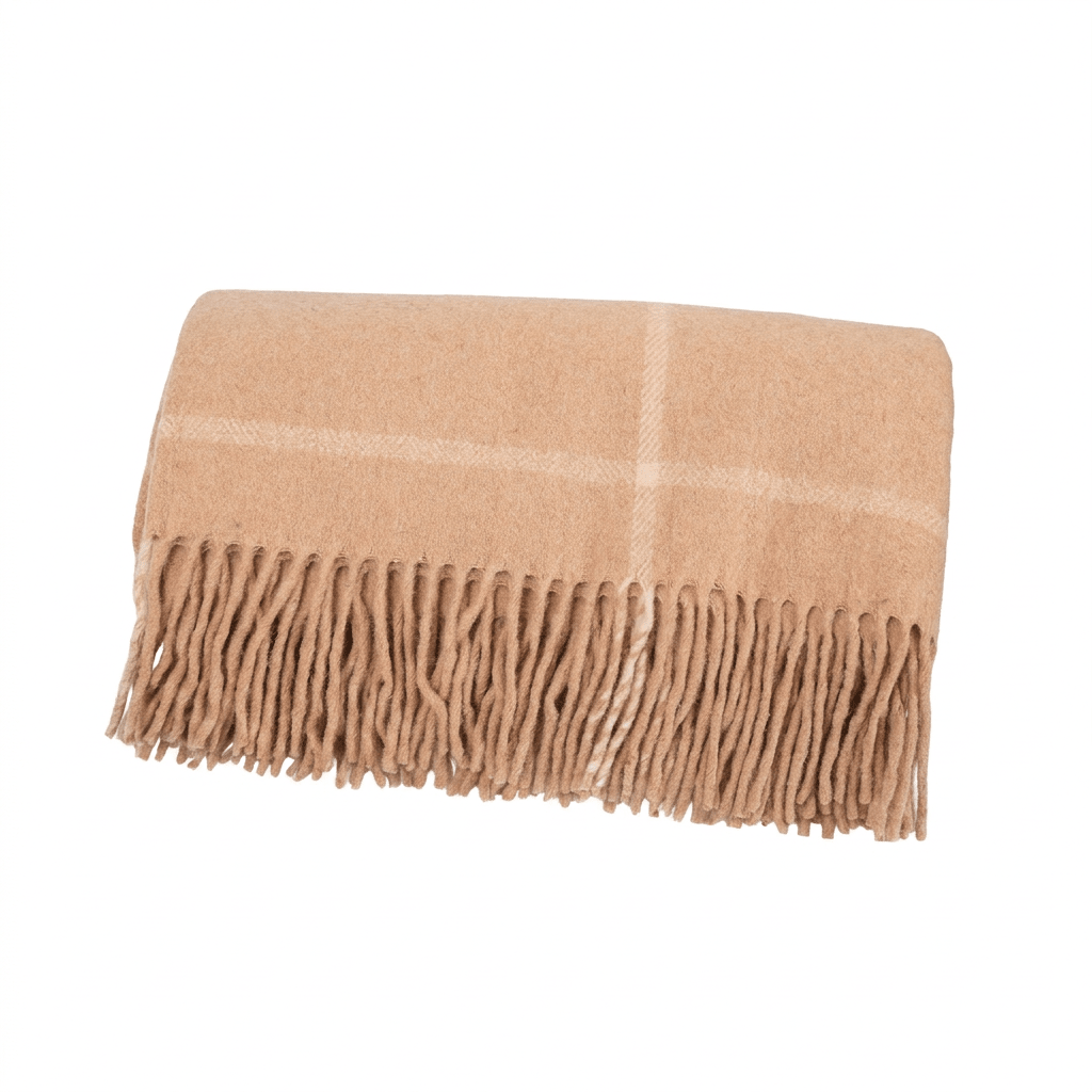 Highland Windowpane Wool Blend Throw Blanket with Tasselled Fringe - LATTE/ PRISTINE - Heritage Of Scotland -