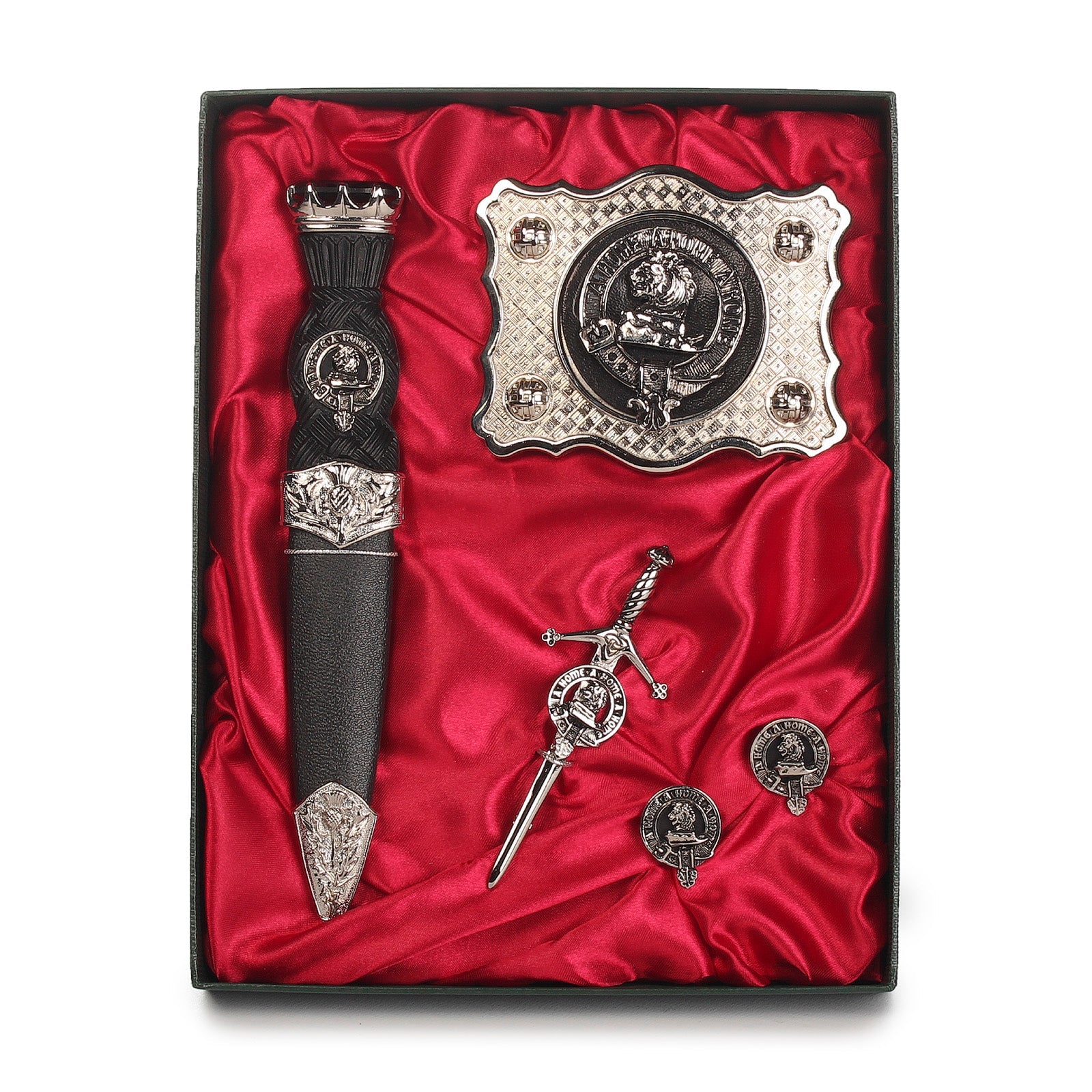Home Clan Badge, Kilt Pin, Lapel Pin, Cufflinks, Keyring/Key Fob & Gift Set — Fine Pewter by Art Pewter — Made in Scotland (Shiny Finish) - Heritage Of Scotland - Gift Set
