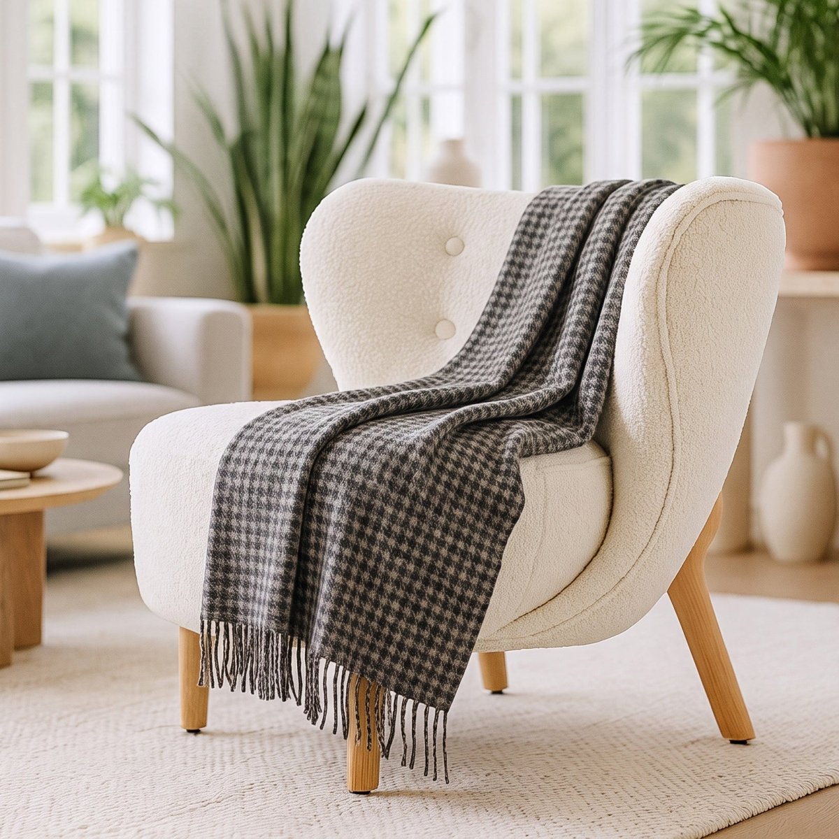Houndstooth Blanket Natural Mid – Soft Cosy Throw - Heritage Of Scotland -