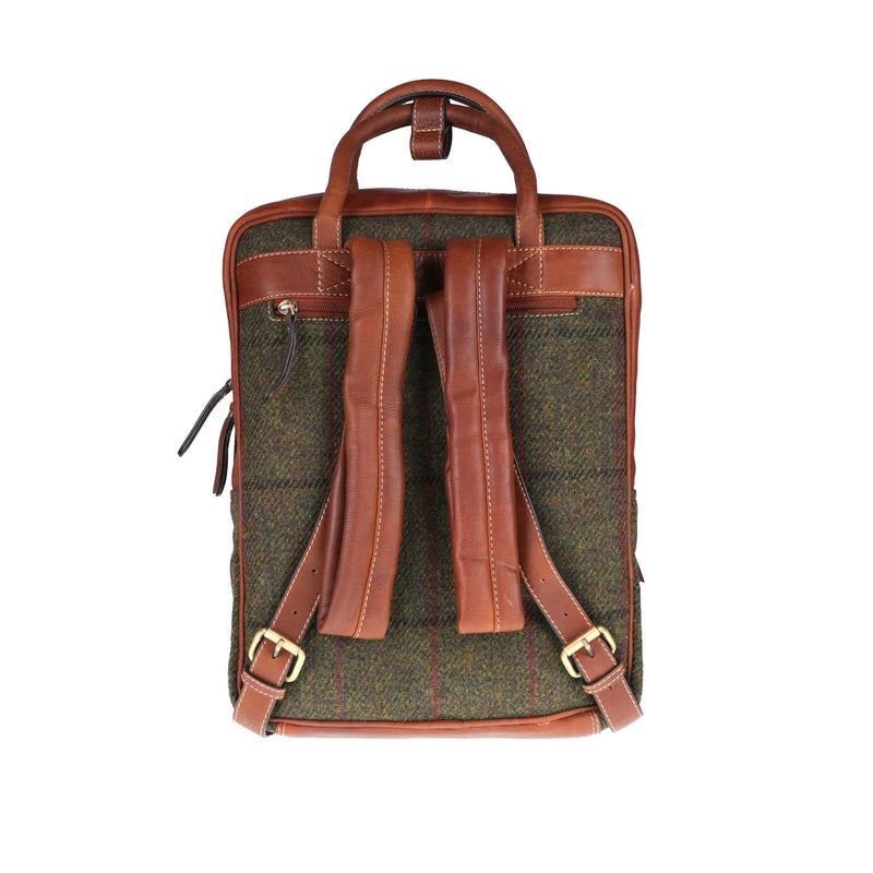 Ht Leather Large Backpack Dark Green Check / Tan - Heritage Of Scotland - DARK GREEN CHECK / TAN
