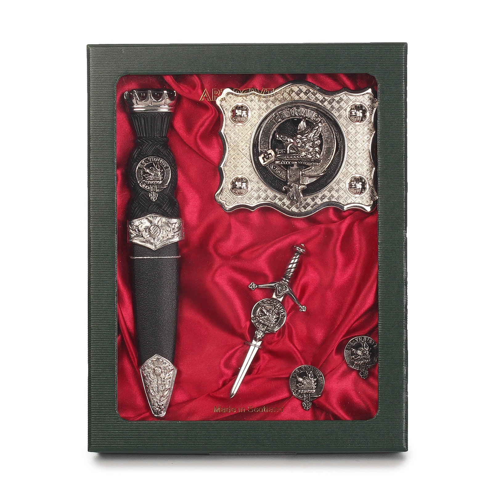 Innes Clan Badge, Kilt Pin, Lapel Pin, Cufflinks, Keyring/Key Fob & Gift Set — Fine Pewter by Art Pewter — Made in Scotland (Shiny Finish) - Heritage Of Scotland - Gift Set