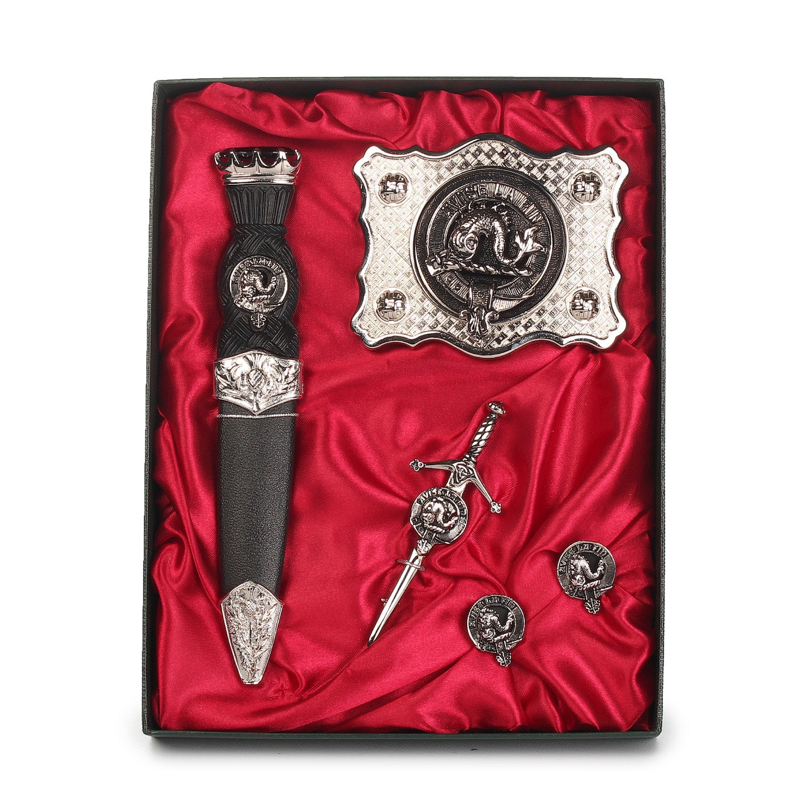 Kennedy Clan Badge, Kilt Pin, Lapel Pin, Cufflinks, Keyring/Key Fob & Gift Set — Fine Pewter by Art Pewter — Made in Scotland (Shiny Finish) - Heritage Of Scotland - Gift Set