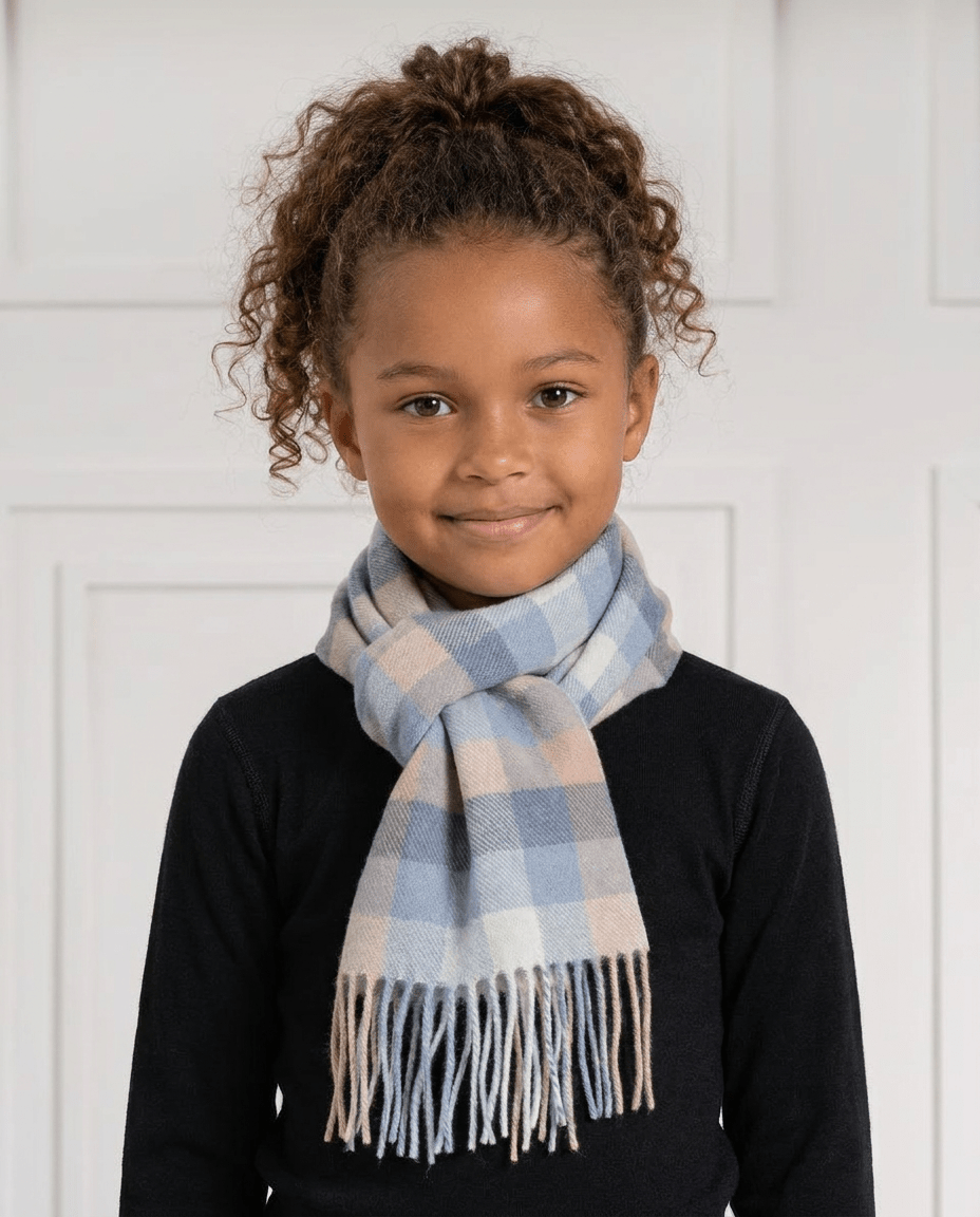 Kids' 100% Cashmere Scarf – Classic Five-Square Check - BLUE - Heritage Of Scotland -