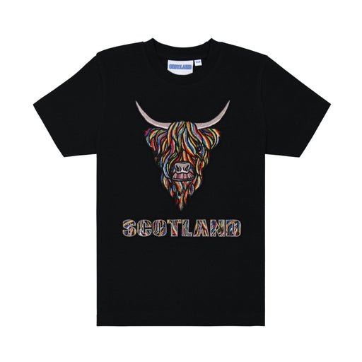 Kids Colourful Highland Cow Emb T-Shirt - Heritage Of Scotland - BLACK