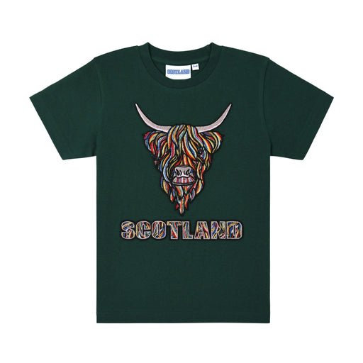 Kids Colourful Highland Cow Emb T-Shirt - Heritage Of Scotland - BOTTLE GREEN