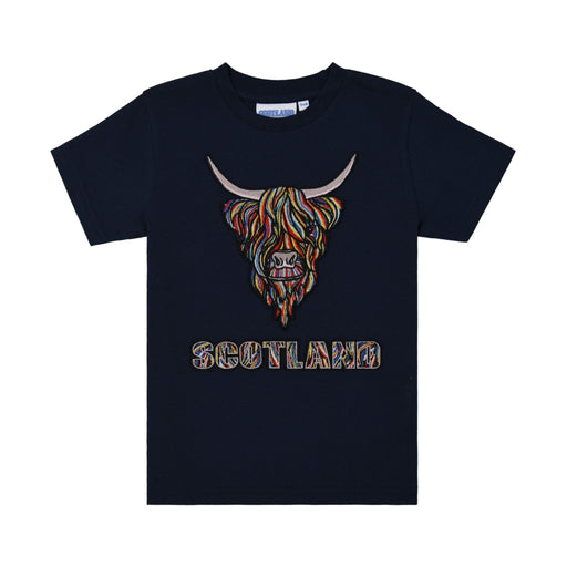 Kids Colourful Highland Cow Emb T-Shirt - Heritage Of Scotland - NAVY