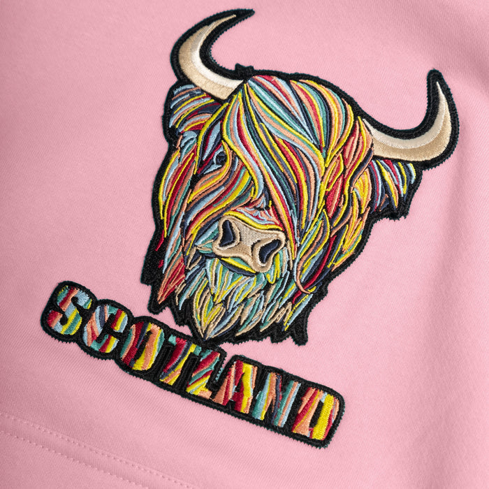 Kids Pastel Highland Cow Hooded Top Cherry Blossom - Heritage Of Scotland - CHERRY BLOSSOM