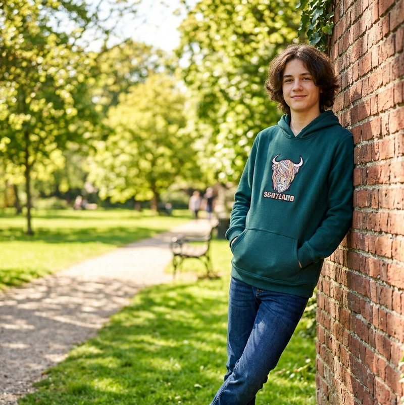 Kids Pastel Highland Cow Hooded Top Teal Teal - Heritage Of Scotland - TEAL