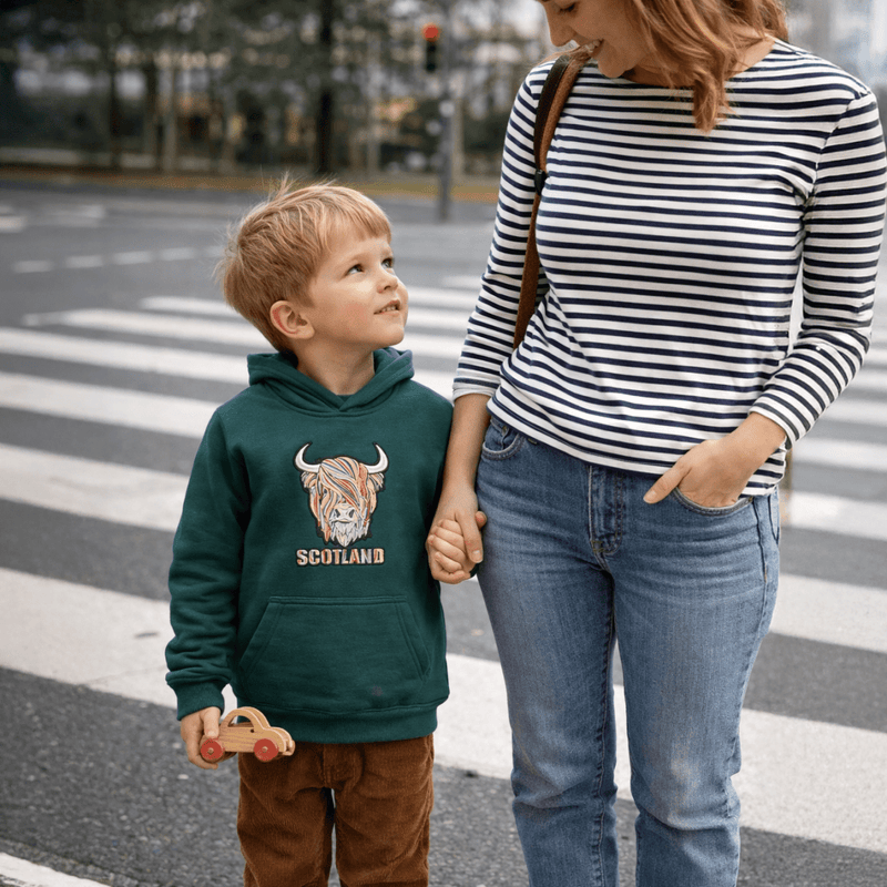 Kids Pastel Highland Cow Hooded Top Teal Teal - Heritage Of Scotland - TEAL