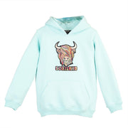 Kids Pastel Highland Cow Hoodie Aqua – Warm Scotland Hoodie for Children - Heritage Of Scotland - AQUA