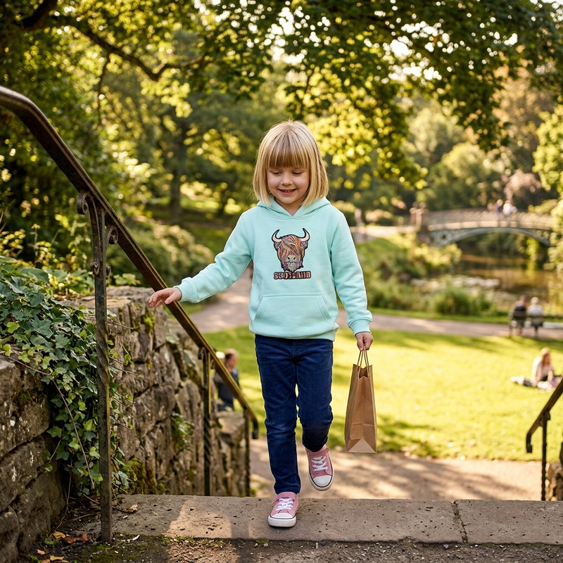 Kids Pastel Highland Cow Hoodie Aqua – Warm Scotland Hoodie for Children - Heritage Of Scotland - AQUA