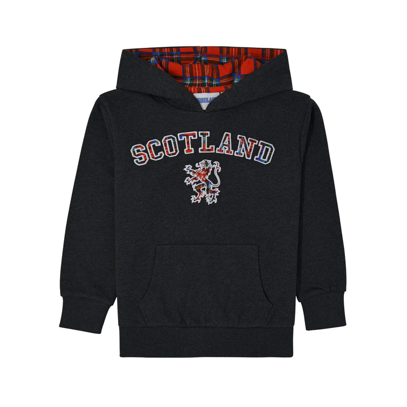 Kids Scotland Lion Tartan Hoodie - Heritage Of Scotland - CHARCOAL MARL/RED TARTAN