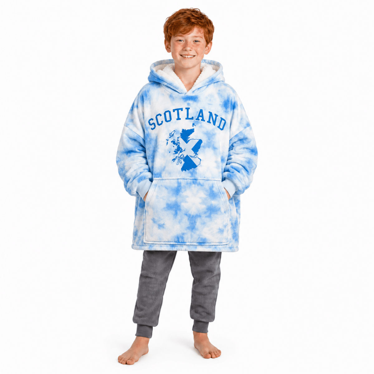 Kids Scotland Tie-Dye Hoodie Blanket – Blue Cosy Oversized Fleece - Heritage Of Scotland -