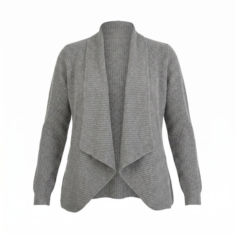 Ladies 100% Cashmere Ribbed Open Front Cardigan - Grey Mid - Heritage Of Scotland - Grey Mid