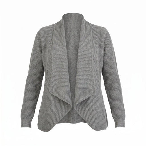 Ladies 100% Cashmere Ribbed Open Front Cardigan - Grey Mid - Heritage Of Scotland - Grey Mid