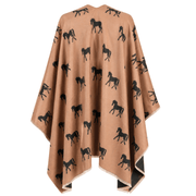 Ladies Beige Horse Print Reversible Wrap Cape - DARK BEIGE AND DARK GREY - Heritage Of Scotland -