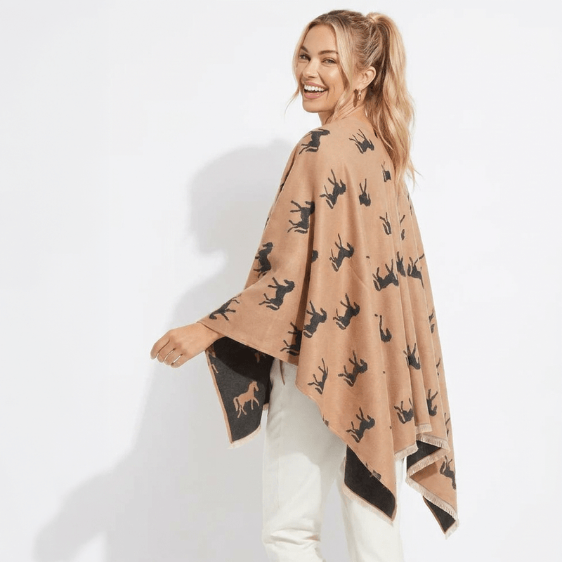 Ladies Beige Horse Print Reversible Wrap Cape - DARK BEIGE AND DARK GREY - Heritage Of Scotland -