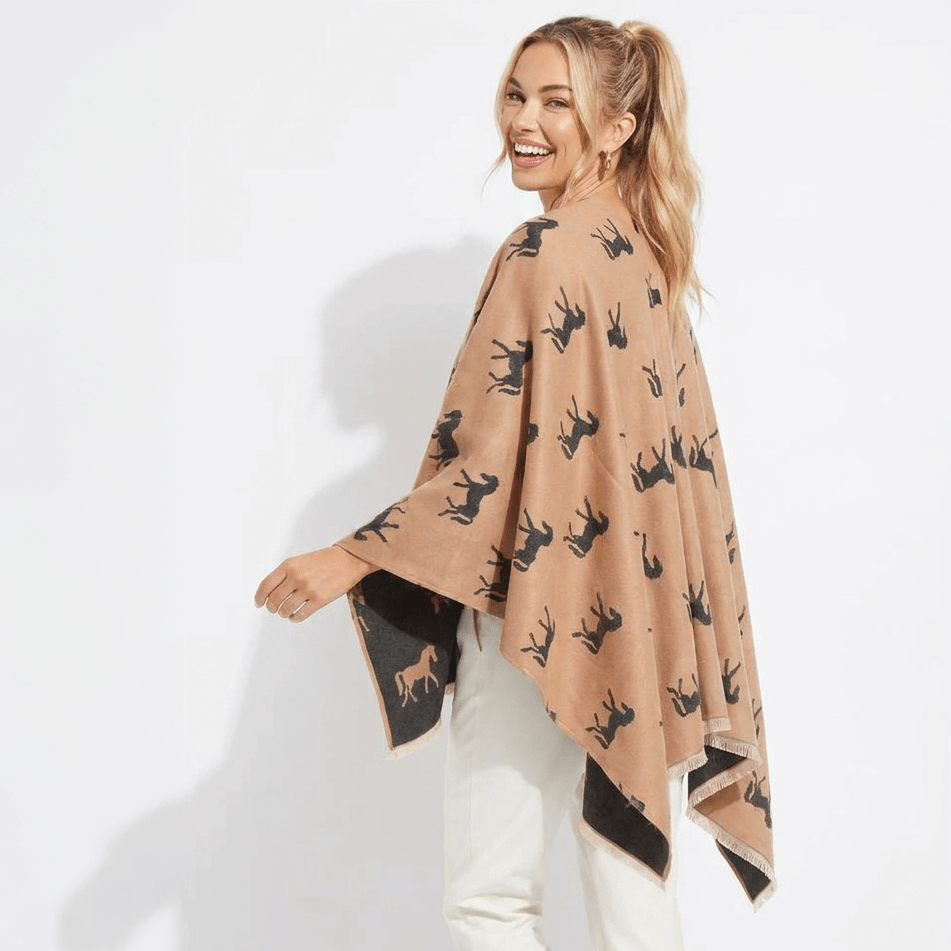 Ladies Beige Horse Print Reversible Wrap Cape - DARK BEIGE AND DARK GREY - Heritage Of Scotland -