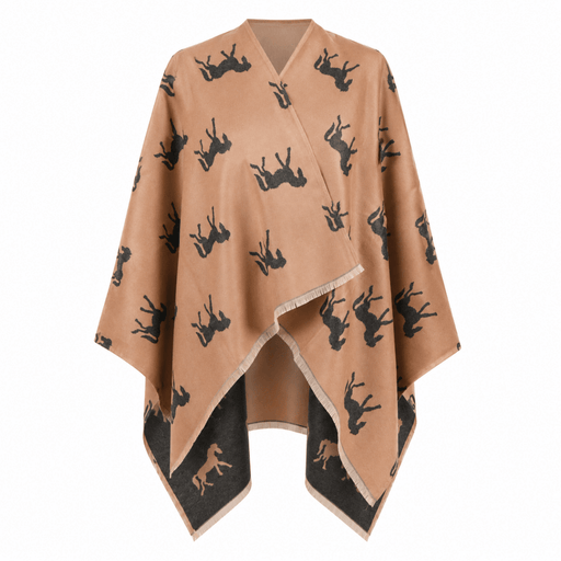 Ladies Beige Horse Print Reversible Wrap Cape - DARK BEIGE AND DARK GREY - Heritage Of Scotland -