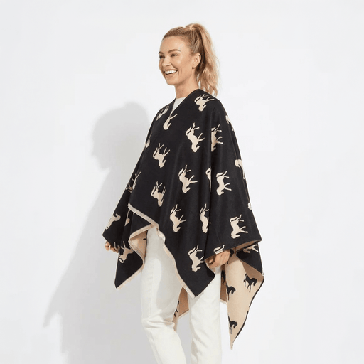 Ladies Black Horse Print Reversible Wrap Cape - BLACK AND WHITE - Heritage Of Scotland -