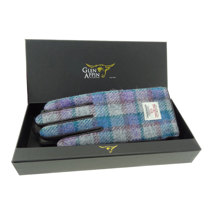 Ladies Boxed Brown Leather Blue/Purple Check On Grey - Heritage Of Scotland - BLUE/PURPLE CHECK ON GREY