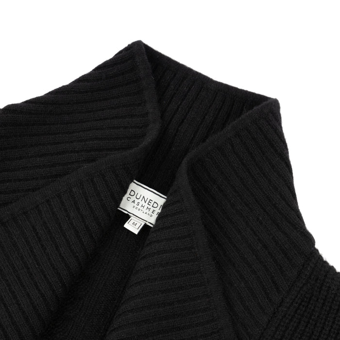 Ladies Cashmere 2 Ply Ribbed Plain Cardigan Black - Heritage Of Scotland - BLACK