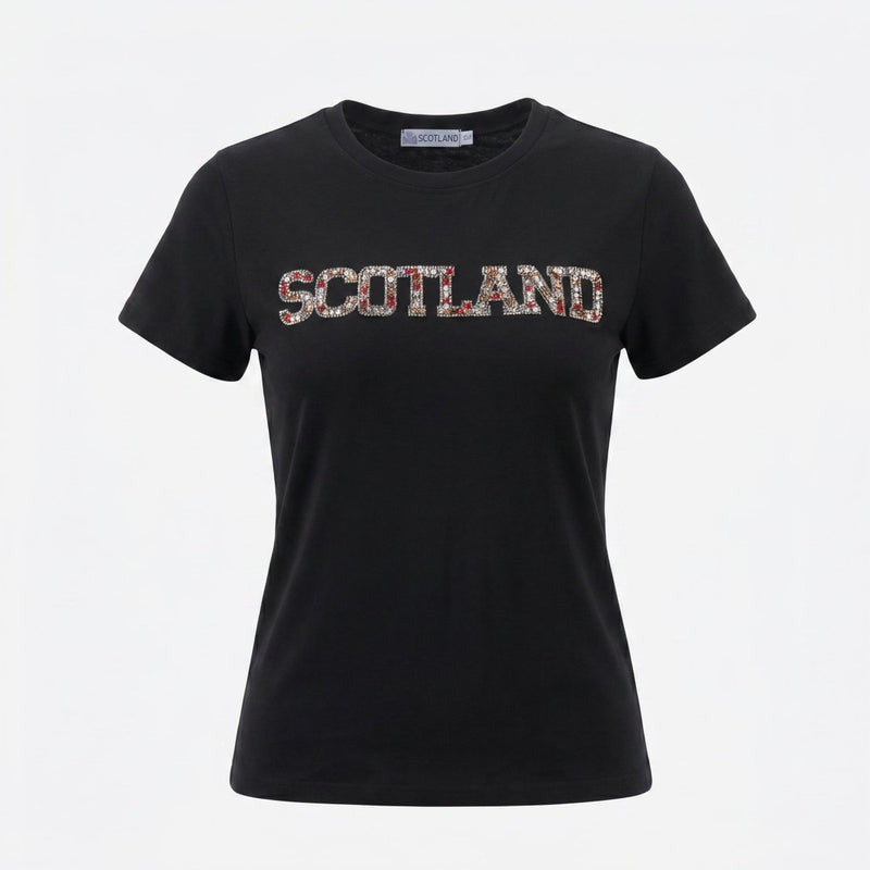 Ladies Diamante Scotland T-Shirt – Cotton Sparkle Tee - Black - Heritage Of Scotland - XS