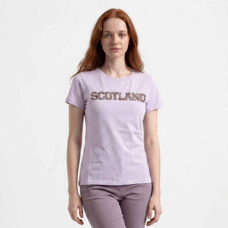 Ladies Diamante Scotland T-Shirt – Cotton Sparkle Tee - Lilac - Heritage Of Scotland - XS