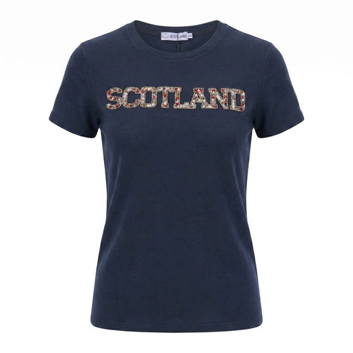 Ladies Diamante Scotland T-Shirt – Cotton Sparkle Tee - Navy - Heritage Of Scotland - XS