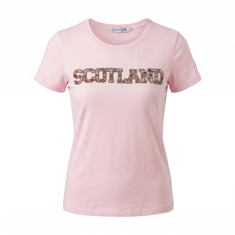 Ladies Diamante Scotland T-Shirt – Cotton Sparkle Tee - Pink - Heritage Of Scotland - XS