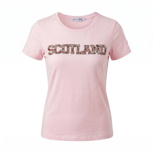 Ladies Diamante Scotland T-Shirt – Cotton Sparkle Tee - Pink - Heritage Of Scotland - XS