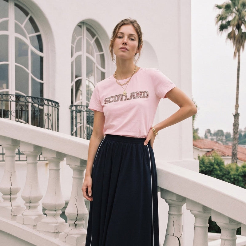 Ladies Diamante Scotland T-Shirt – Cotton Sparkle Tee - Pink - Heritage Of Scotland - XS