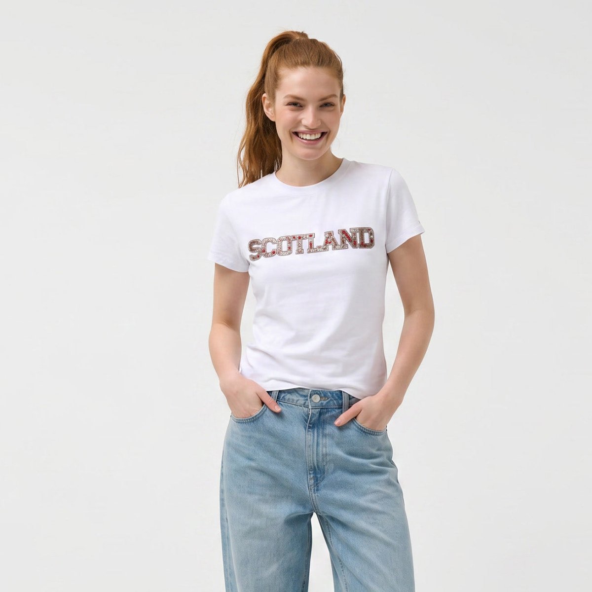 Ladies Diamante Scotland T-Shirt – Cotton Sparkle Tee - White - Heritage Of Scotland - XS