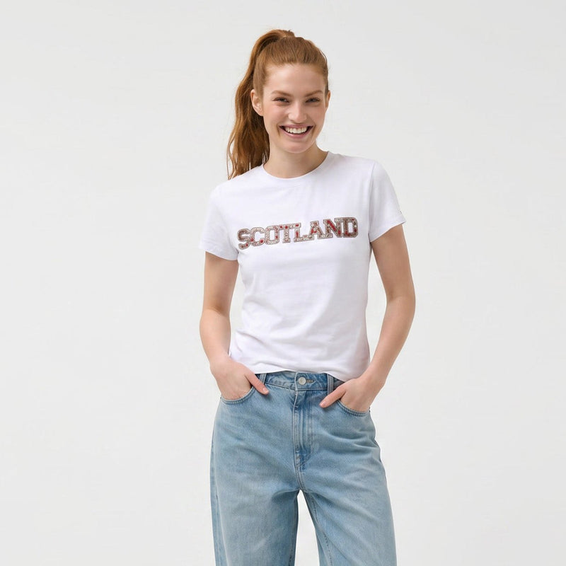 Ladies Diamante Scotland T-Shirt – Cotton Sparkle Tee - White - Heritage Of Scotland - XS