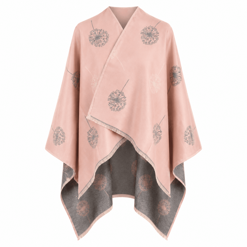 Ladies Dusky Pink Dandelion Print Reversible Cape Wrap - LIGHT PINK AND GREY - Heritage Of Scotland -