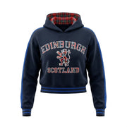 Ladies Edinburgh Lion Cropped Hoodie – Navy Tartan Pullover - Heritage Of Scotland - S