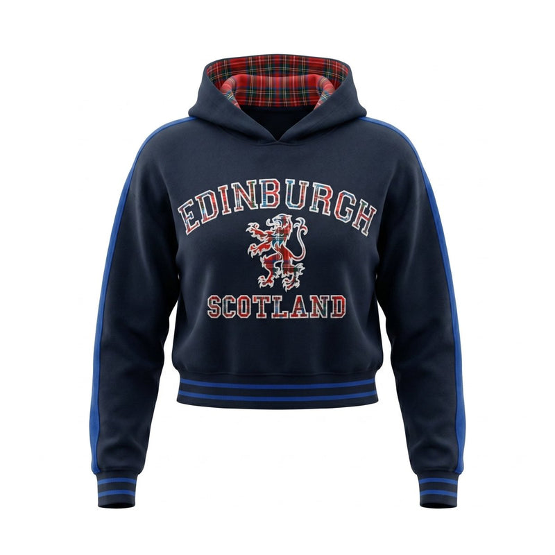 Ladies Edinburgh Lion Cropped Hoodie – Navy Tartan Pullover - Heritage Of Scotland - S