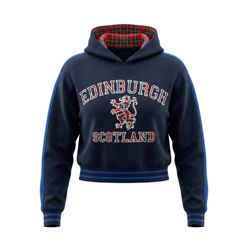 Ladies Edinburgh Lion Cropped Hoodie – Navy Tartan Pullover - Heritage Of Scotland - S