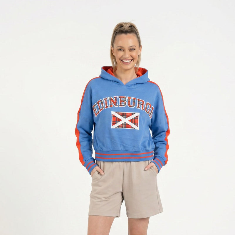 Ladies Edinburgh Tartan Hoodie – Blue Scottish Flag Pullover - Heritage Of Scotland - S