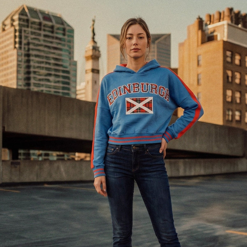 Ladies Edinburgh Tartan Hoodie – Blue Scottish Flag Pullover - Heritage Of Scotland - S
