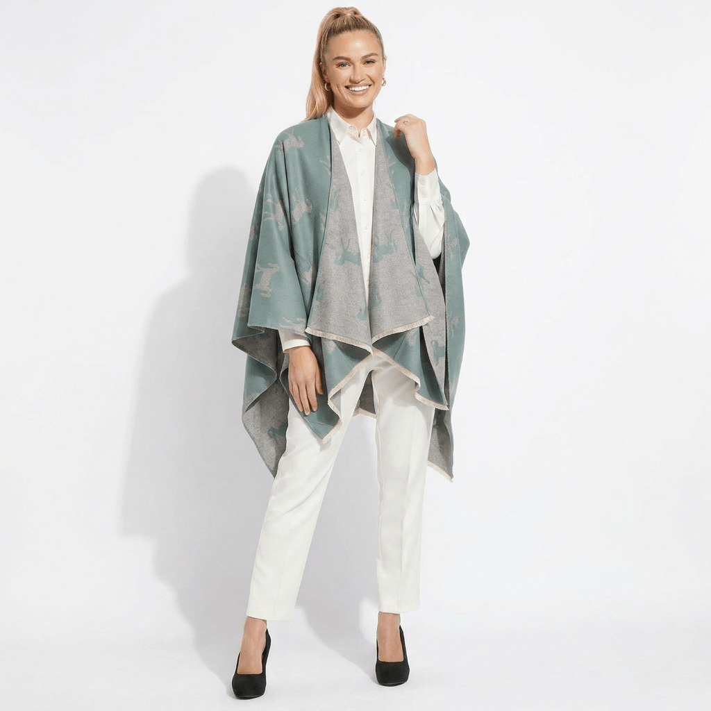 Ladies Green Horse Print Reversible Wrap Cape - GREEN - Heritage Of Scotland -