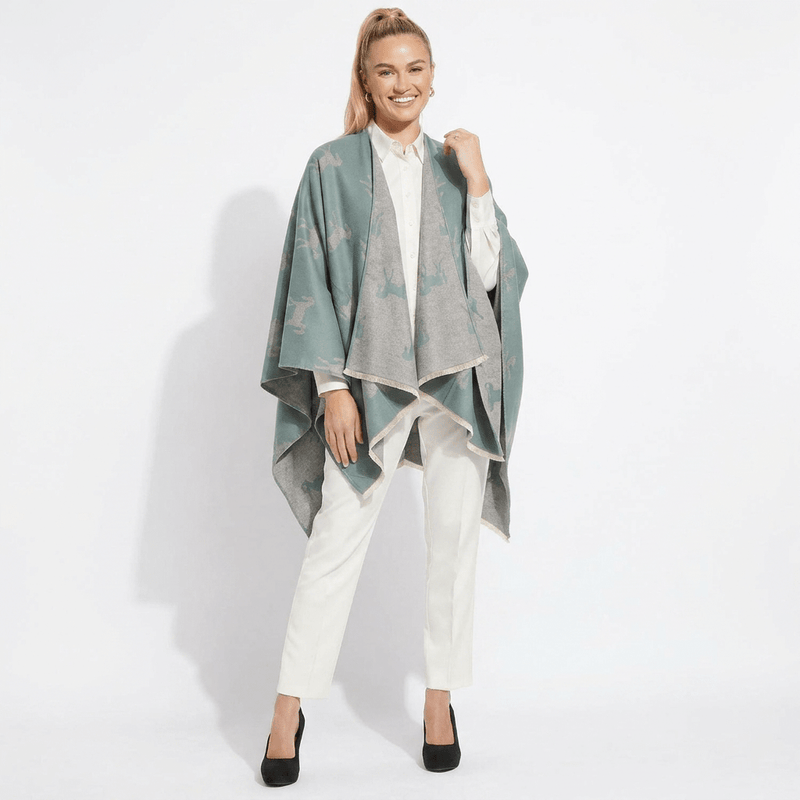 Ladies Green Horse Print Reversible Wrap Cape - GREEN - Heritage Of Scotland -