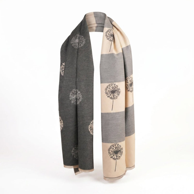 Ladies Grey Dandelion Print Reversible Cape Wrap - DARK GREY - Heritage Of Scotland -
