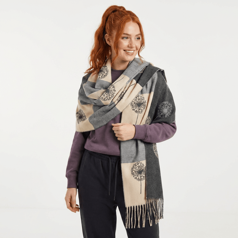 Ladies Grey Dandelion Print Reversible Cape Wrap - DARK GREY - Heritage Of Scotland -