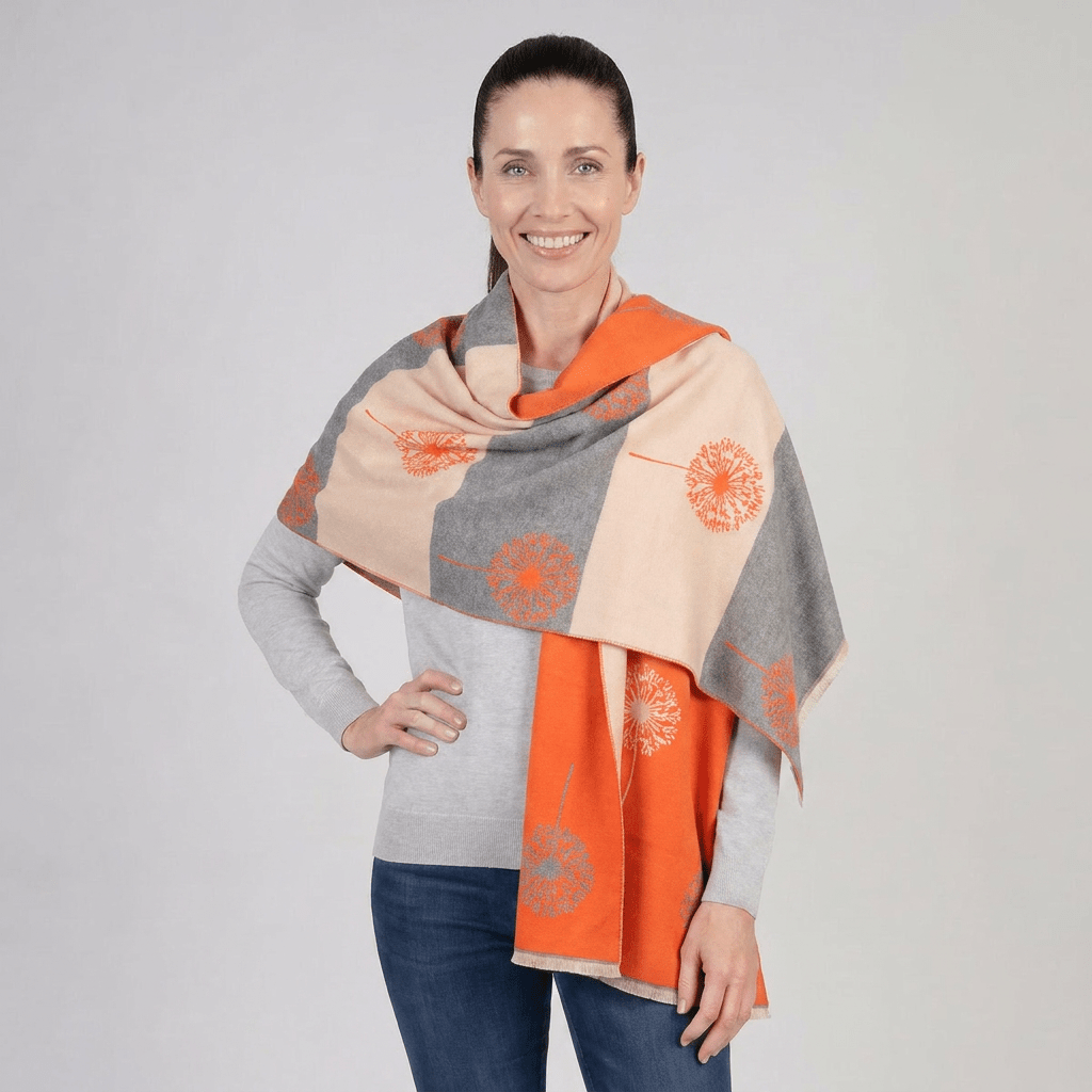 Ladies Grey Dandelion Print Reversible Stole Wrap - ORANGE - Heritage Of Scotland -