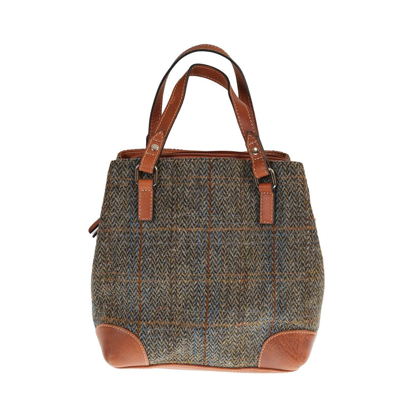 Ladies Harris Tweed And Leather Hand Bag - BLUE & BROWN CHECK HB / TAN - Heritage Of Scotland -