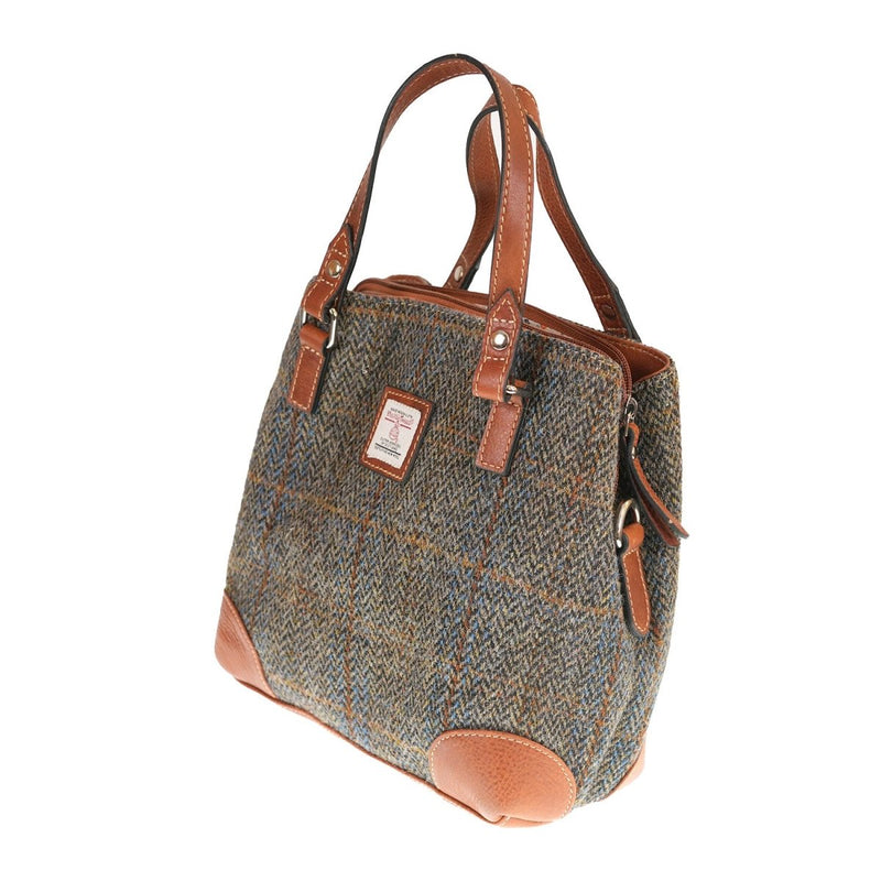 Ladies Harris Tweed And Leather Hand Bag - BLUE & BROWN CHECK HB / TAN - Heritage Of Scotland -