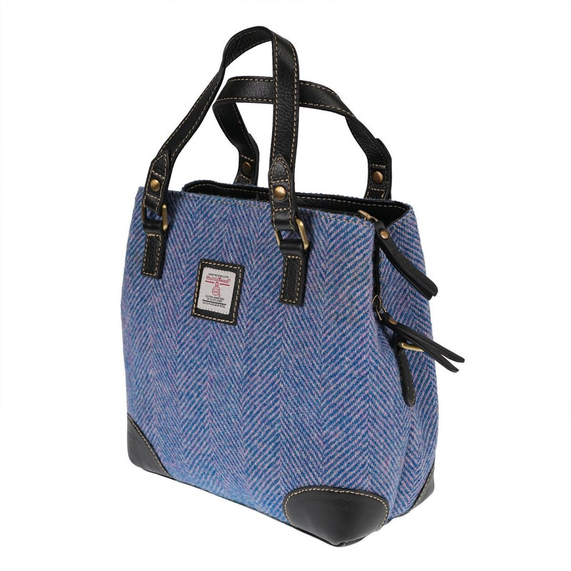 Ladies Harris Tweed And Leather Hand Bag - BLUE & PINK HERRINGBONE / BLACK - Heritage Of Scotland -