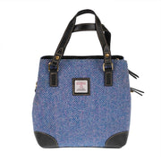 Ladies Harris Tweed And Leather Hand Bag - BLUE & PINK HERRINGBONE / BLACK - Heritage Of Scotland -