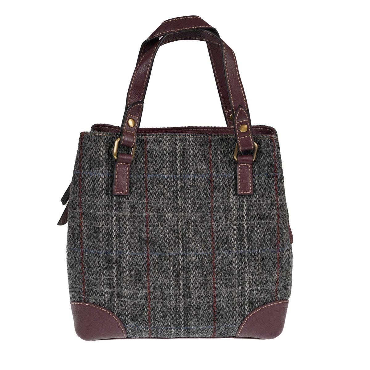 Ladies Harris Tweed And Leather Hand Bag - GREY & RED CHECK / MAROON - Heritage Of Scotland -
